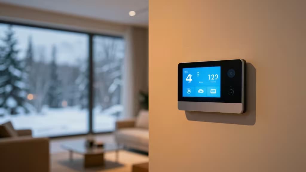 Schwarzer Smart-Thermostat mit blauem Display an beigefarbener Wand neben einem Fenster mit Blick auf verschneite Landschaft.