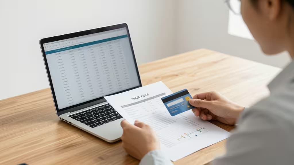 Persoon beoordeelt creditcard en financiële documenten naast laptop met spreadsheets.