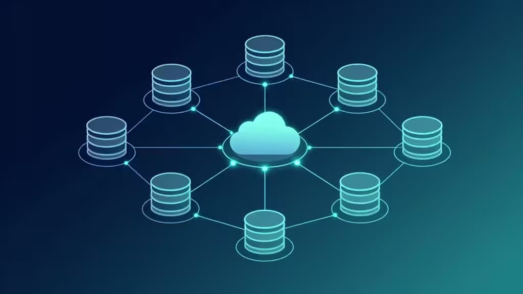 Glowing cyan cloud connects eight database icons on a dark blue gradient background, symbolizing affordable managed PostgreSQL infrastructure.