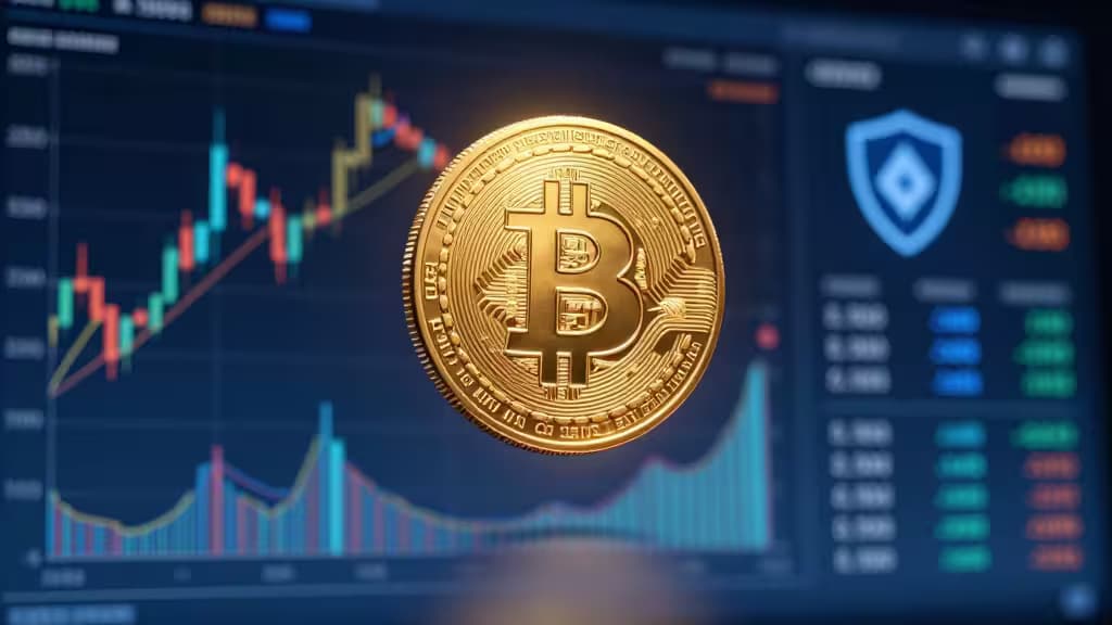 Ilustración abstracta de monedas de Bitcoin y Ethereum flotando sobre un panel de trading con gráficos de velas y símbolos de ETF, con fondo azul degradado.