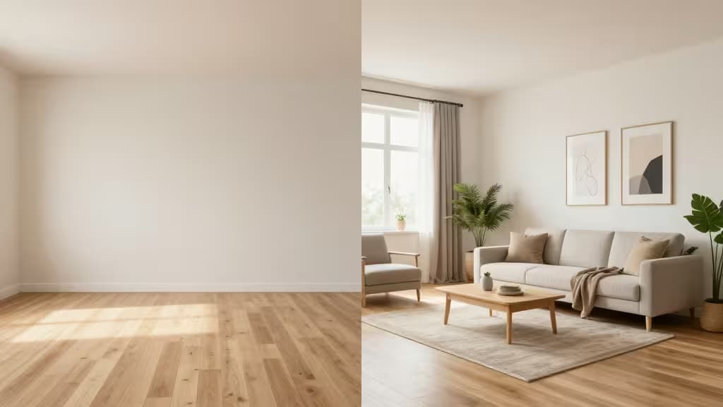 A modern living room split between an empty vacant space and the same room beautifully furnished with a sofa, rug, plants, and wall art, illustrating AI virtual staging transformation.