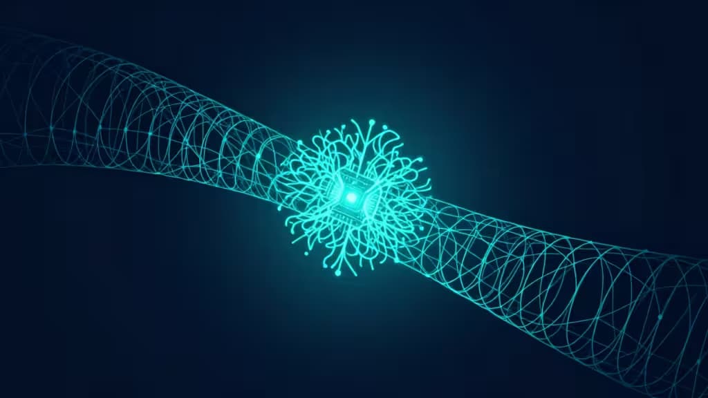 A glowing cyan neural core pulses at the center of a secure, encrypted network tunnel.