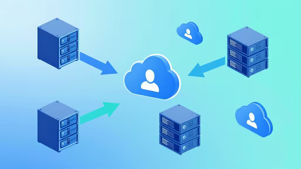Blue server racks connect to cloud icons via arrows, illustrating MongoDB database migration workflows.