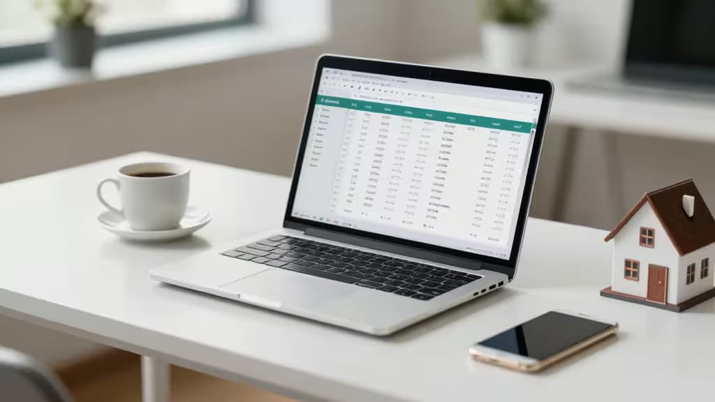 Laptop displays expense spreadsheet beside coffee cup and miniature house model on white desk.