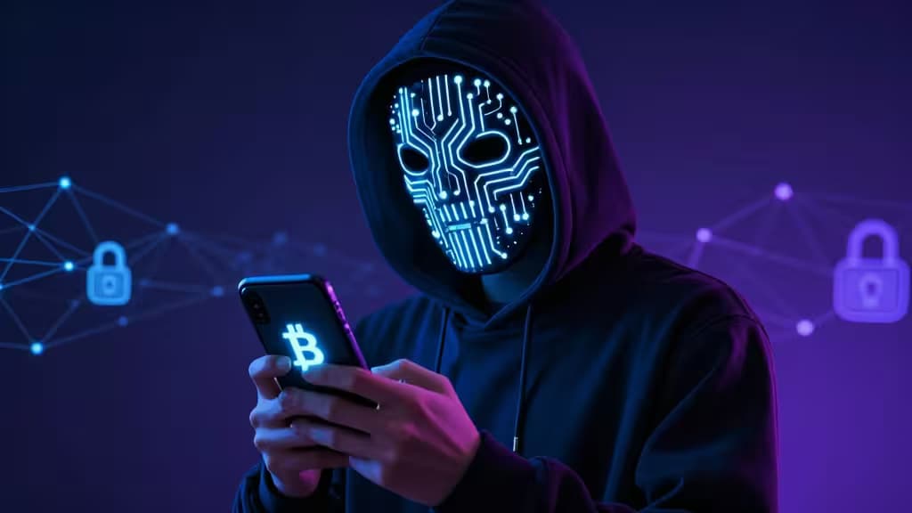 Postać w bluzie z kapturem i świecącą maską z obwodów trzyma telefon z symbolem Bitcoina, wokół unoszą się cyfrowe ikony kłódek.