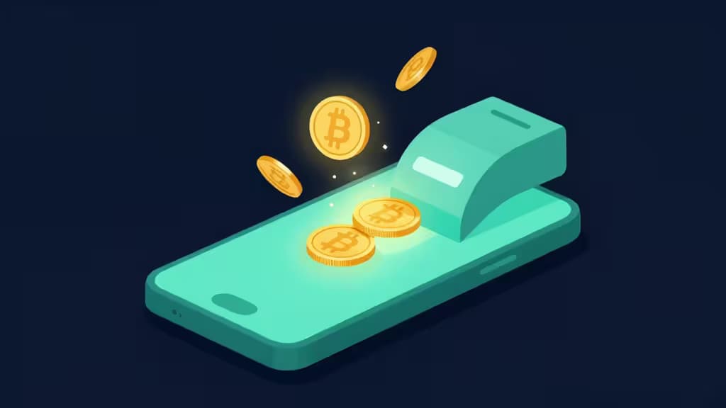Teal smartphone dispenses glowing gold Bitcoin coins via contactless payment terminal.