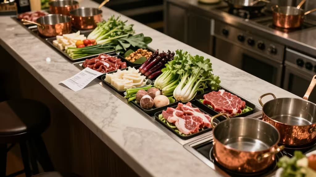 Overhead view of a restaurant kitchen counter with fresh ingredients, copper pots, and a folded receipt in warm editorial lighting