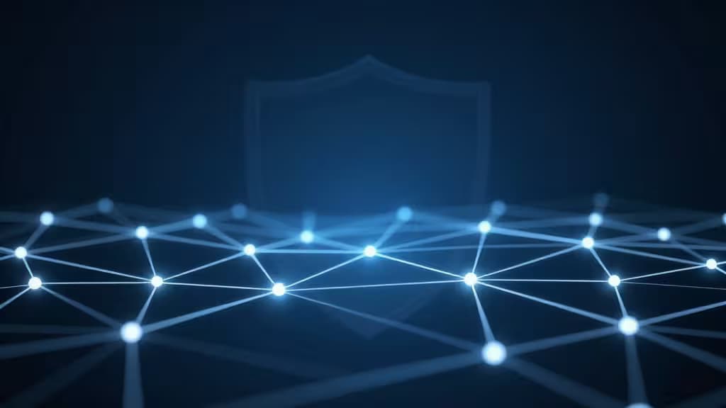 Glowing blue nodes connect in a mesh network, with a translucent shield symbolizing security.