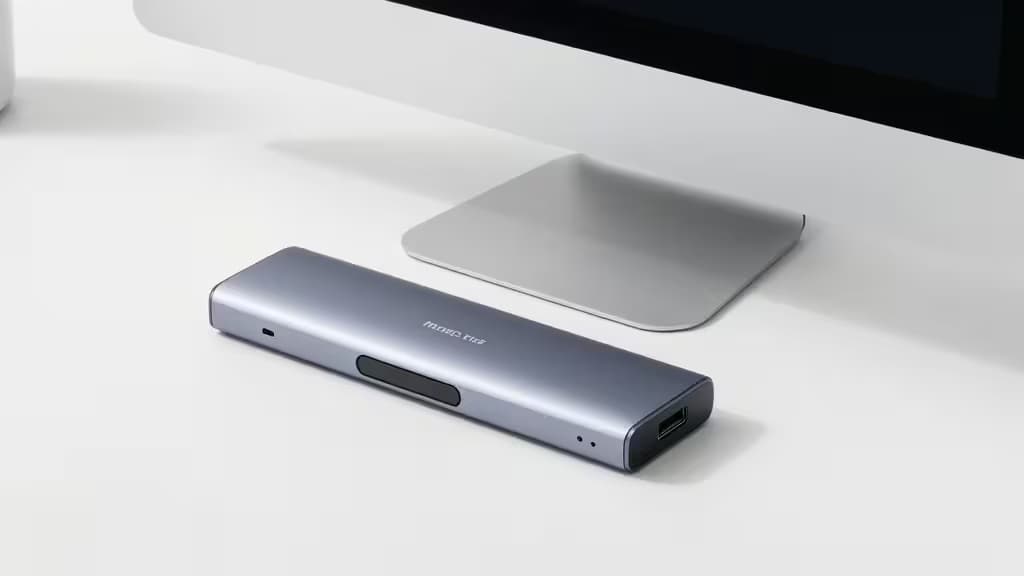 Srebrny hub USB-C obok Mac Studio na minimalistycznym białym biurku.
