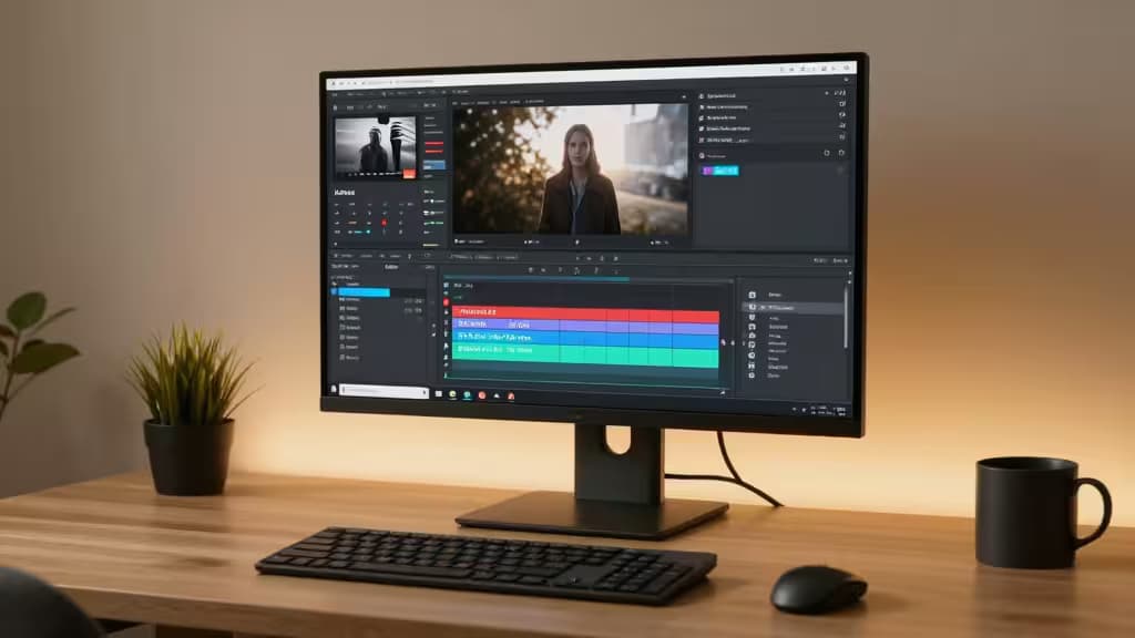 Nowoczesne stanowisko montażowe z monitorem wyświetlającym interfejs edytora wideo AI z osią czasu i narzędziami do korekcji kolorów, minimalistyczne biurko w ciepłym świetle.