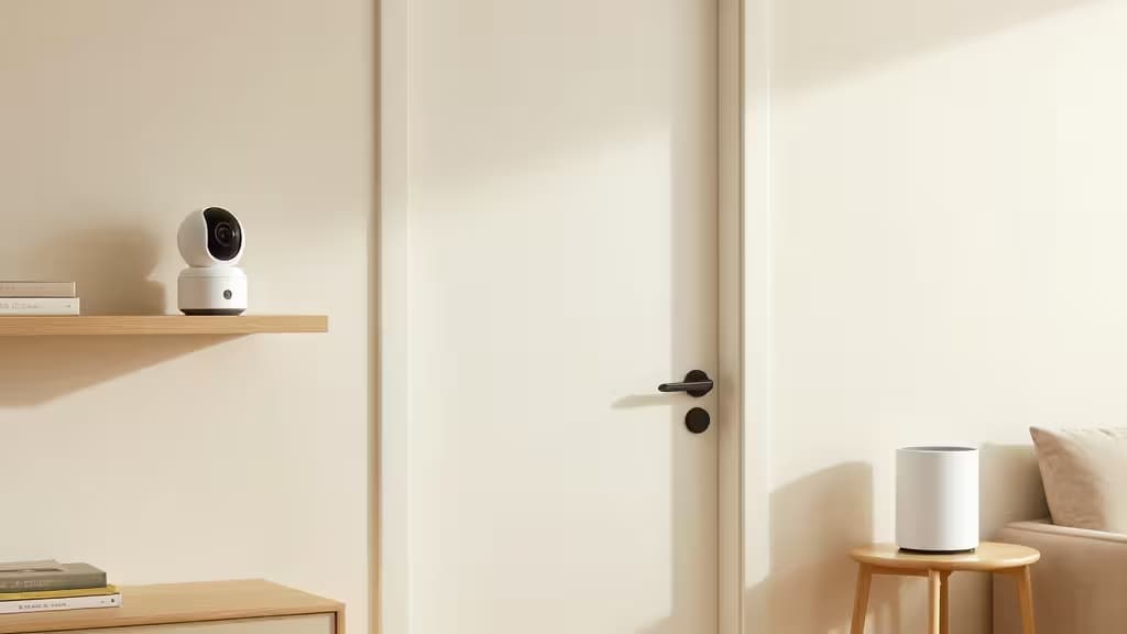 Sala de estar iluminada com câmera de segurança em uma estante, sensor de porta instalado com adesivo e hub compacto sobre uma mesa lateral — configuração limpa e sem furos para inquilinos.