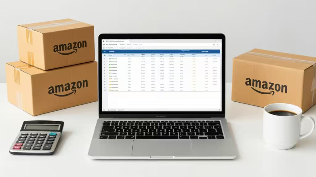 Laptop displays accounting software beside Amazon boxes, calculator, and coffee cup on white desk.