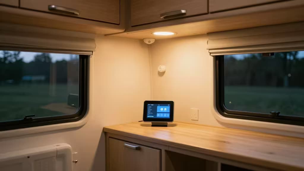 Warm wood cabinetry frames a sleek smart display glowing on the counter, illuminated by soft overhead lighting at dusk.