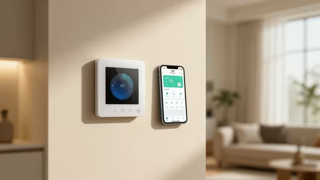 White smart thermostat and smartphone displaying energy dashboard mounted on beige wall in sunlit modern living room.