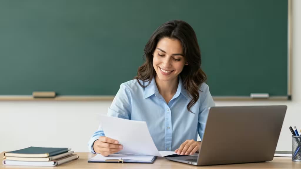 Profesora sonriente revisa documentos en su escritorio con laptop, cuadernos y portalápices, representando la organización digital en el aula.