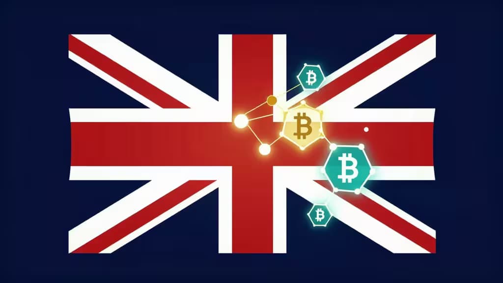 Glowing Bitcoin network overlays the Union Jack, symbolizing regulated crypto exchanges for UK residents in 2026.