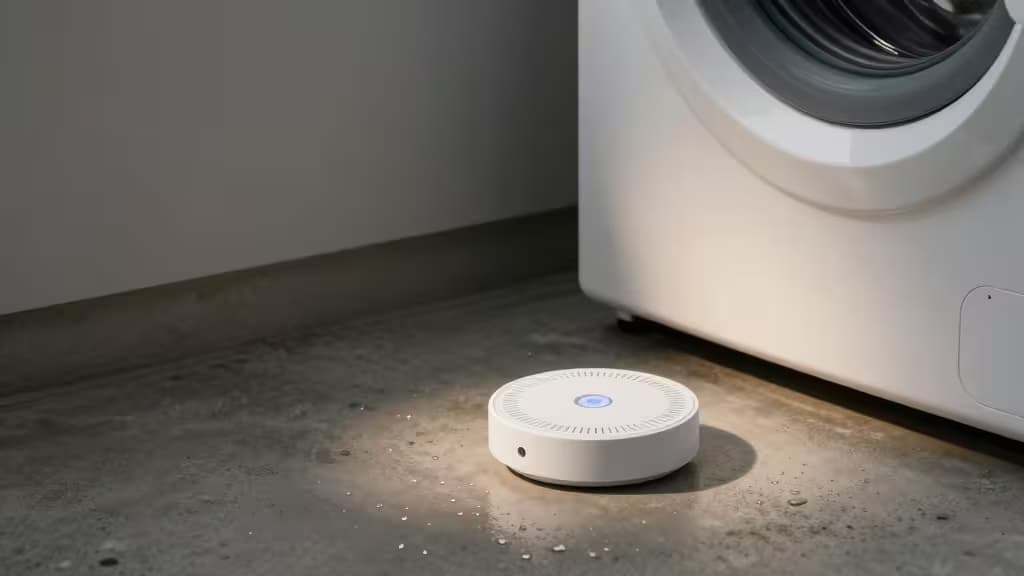 Smarter Wassersensor auf einem Kellerboden neben einer Waschmaschine mit Wassertropfen in der Nähe