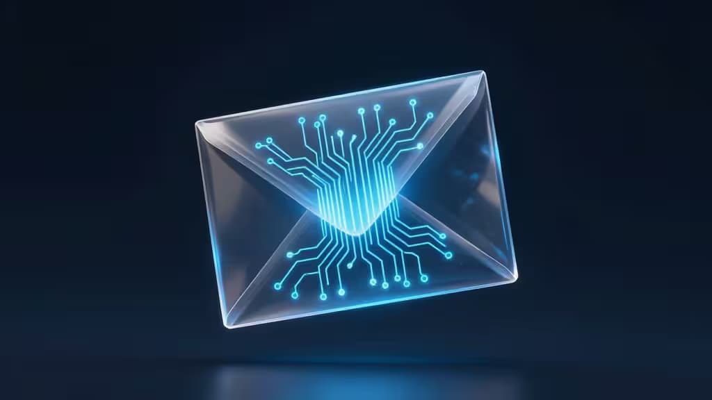 Glaserne versiegelte E-Mail mit leuchtenden blauen Verschlüsselungs-Mustern auf dunklem Hintergrund — Symbol für digitale Privatsphäre