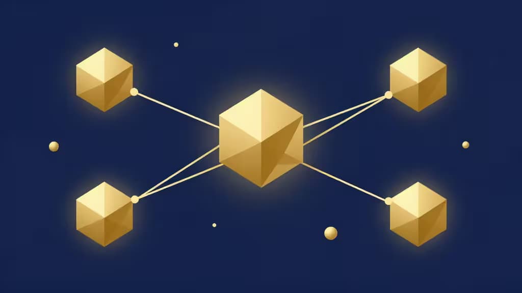 Cubes dorés reliés par des lignes lumineuses sur fond bleu foncé, symbolisant les connexions entre blockchains dans un portefeuille multi-chaînes.