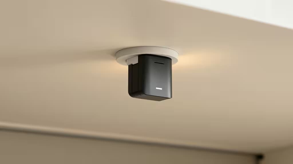 A modern smart garage door opener with battery backup unit mounted on a garage ceiling, soft warm lighting