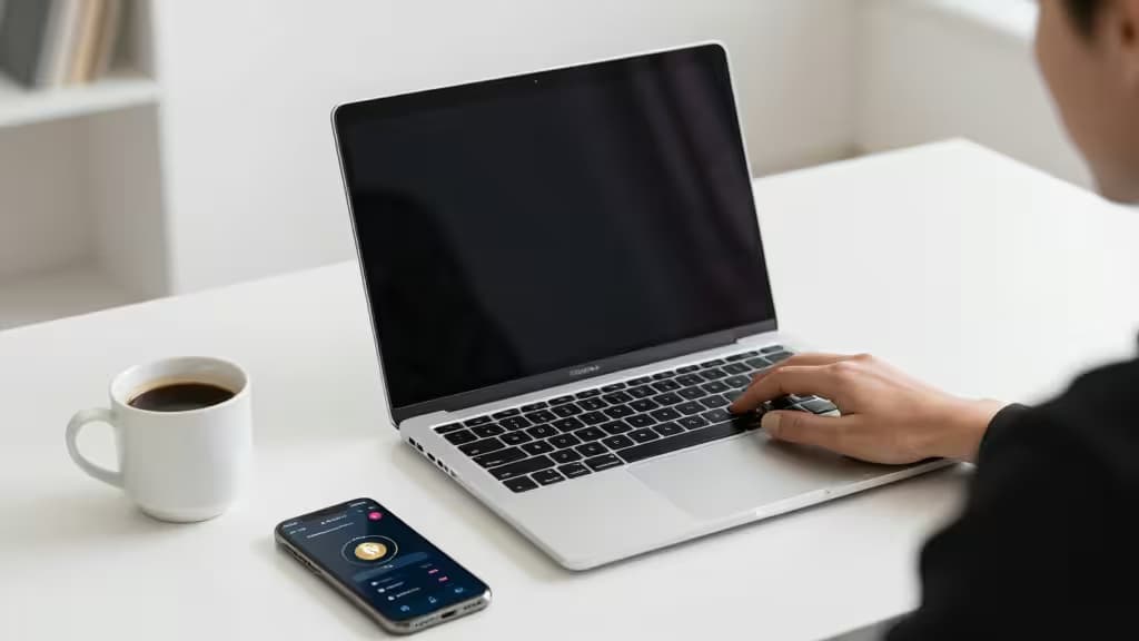 Freelancer types on laptop beside coffee and crypto app, showcasing modern work setup.