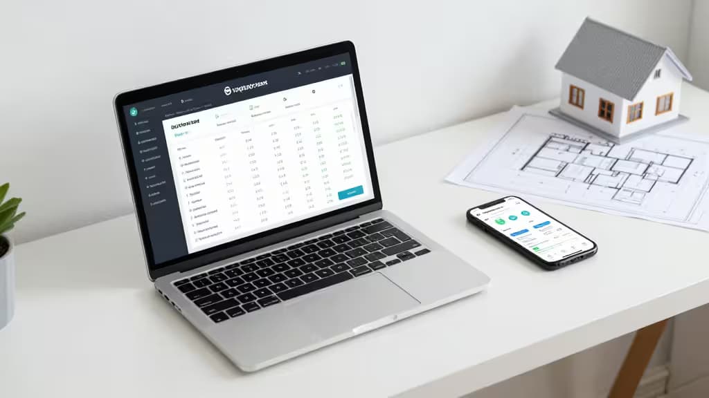 Laptop e smartphone mostrano un software per dichiarazione crypto accanto a progetti architettonici e una casa in miniatura.