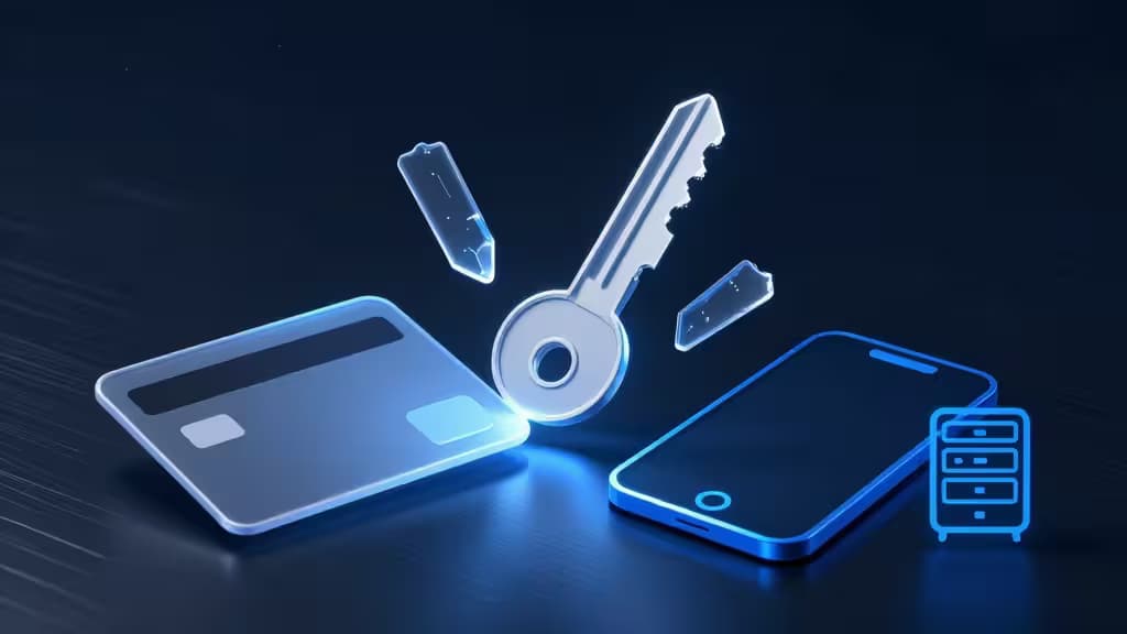 Светящийся ключ распадается на осколки над кредитной картой, смартфоном и сервером, символизируя распределённое хранение криптовалютных ключей.