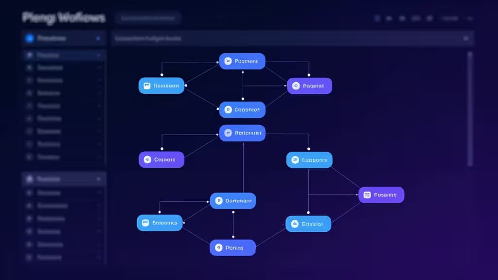 Dark UI dashboard displays interconnected blue and purple workflow nodes representing CI/CD pipelines.