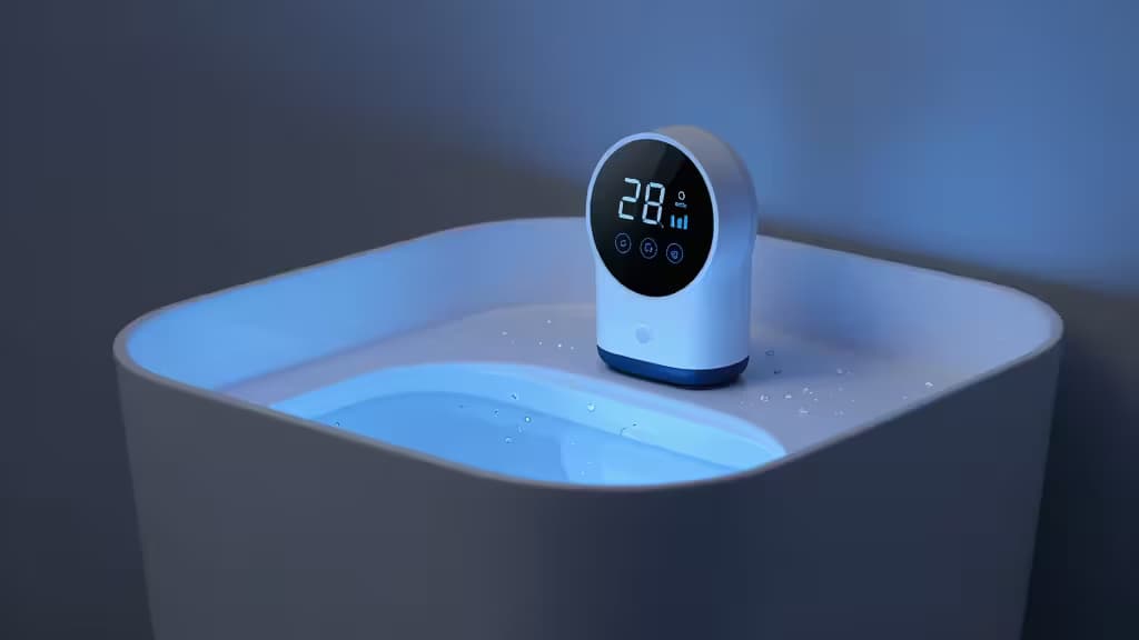 Monitor de bomba sumidero blanco con pantalla digital que muestra el nivel de agua en el pozo de sumidero de un sótano.