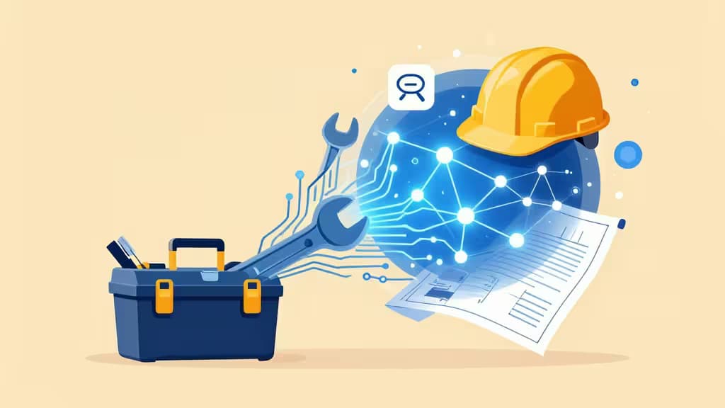 Blue toolbox with wrenches emits glowing circuit lines toward a hard hat, blueprint, and AI network sphere.