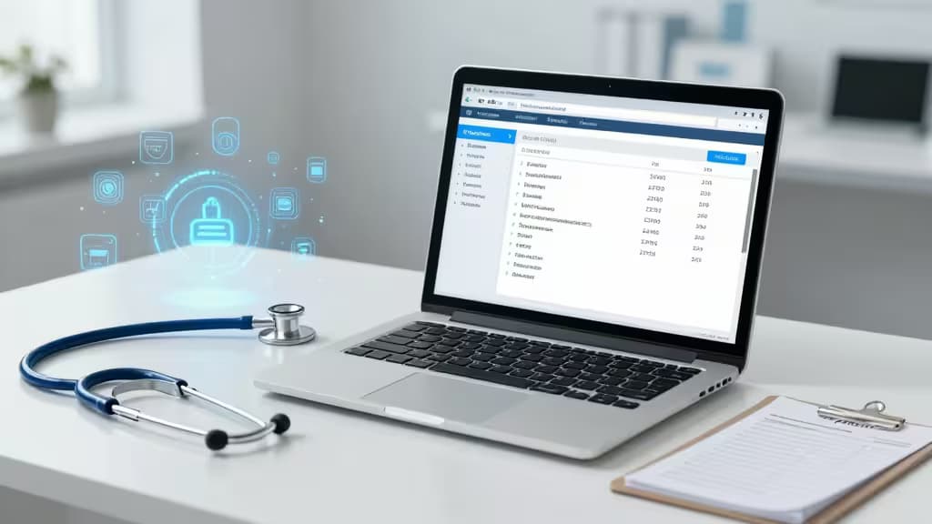 Silver laptop displays medical coding software, flanked by stethoscope and clipboard on white desk.