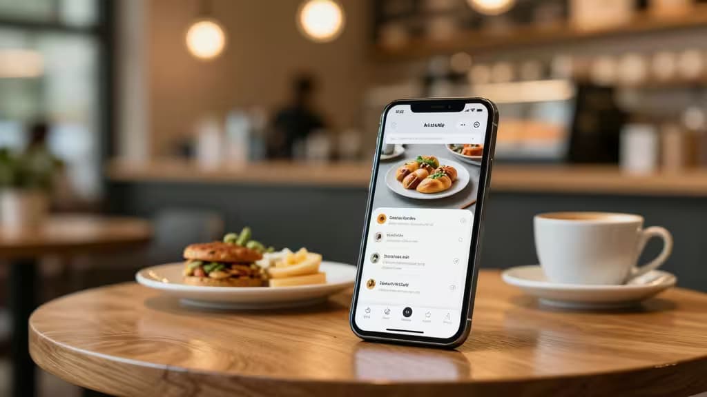Interior de cafetería moderna con iluminación cálida, un teléfono sobre una mesa de madera mostrando una app de IA, platos de comida y tazas de café con fondo bokeh suave