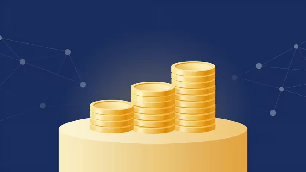 Abstrakcyjna ilustracja cyfrowych monet stablecoin rosnących na postumencie z węzłami sieci blockchain w tle, gradient od głębokiego błękitu do złota