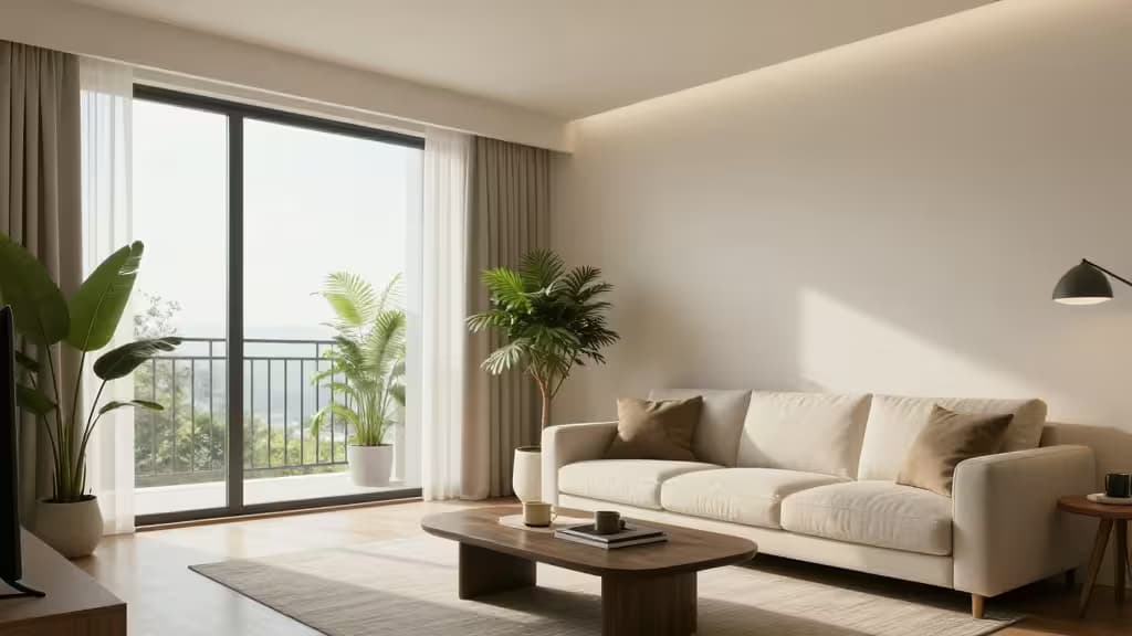 Interior moderno y luminoso de un apartamento de alquiler vacacional bien amueblado, con luz natural entrando por grandes ventanas
