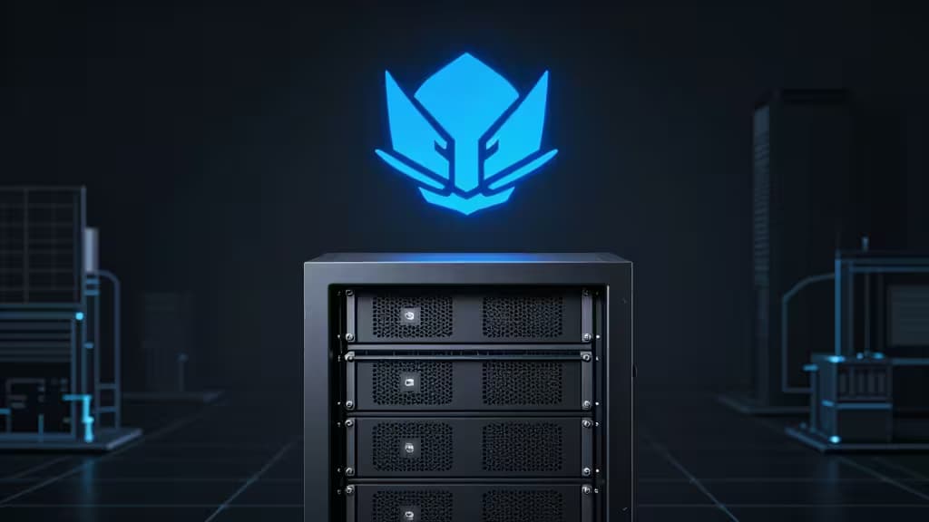 Ein eleganter Server-Rack mit leuchtend blauem Kubernetes-Logo darüber, in einem dunklen Rechenzentrum.