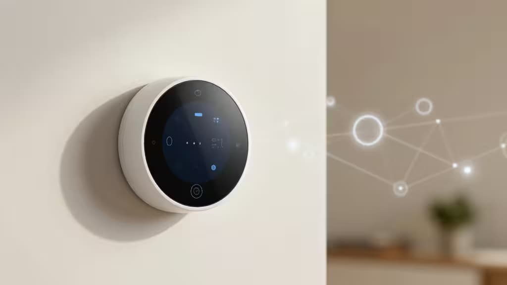A white circular Matter thermostat with a dark screen mounts on a beige wall beside a glowing network graphic.