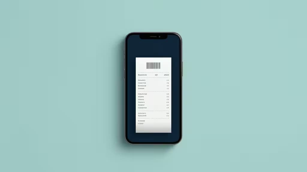 Smartphone scannt einen Papierbeleg auf einer aufgeräumten Schreibtischoberfläche in Teal- und Marineblau-Tönen