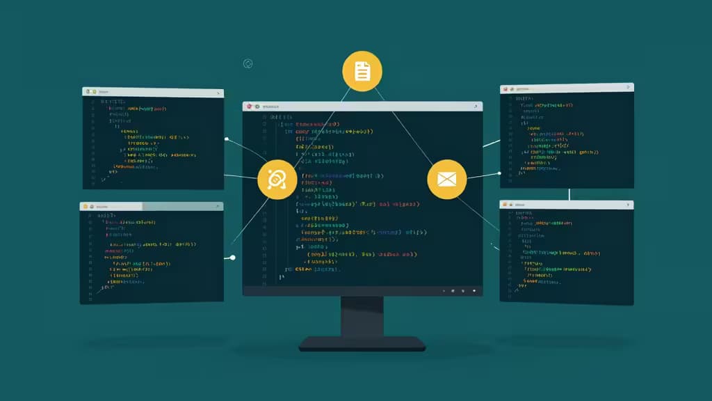 Central monitor displays code, surrounded by floating panels and yellow connection nodes on teal background.