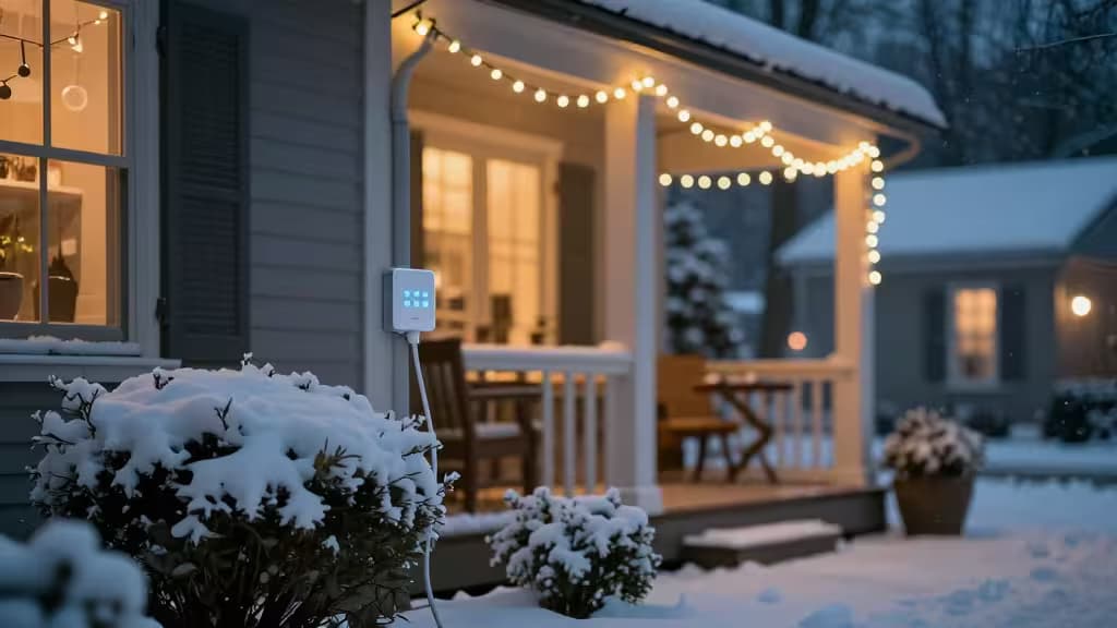 Snow-covered porch with glowing string lights, white smart plug mounted on siding, warm interior visible through windows.