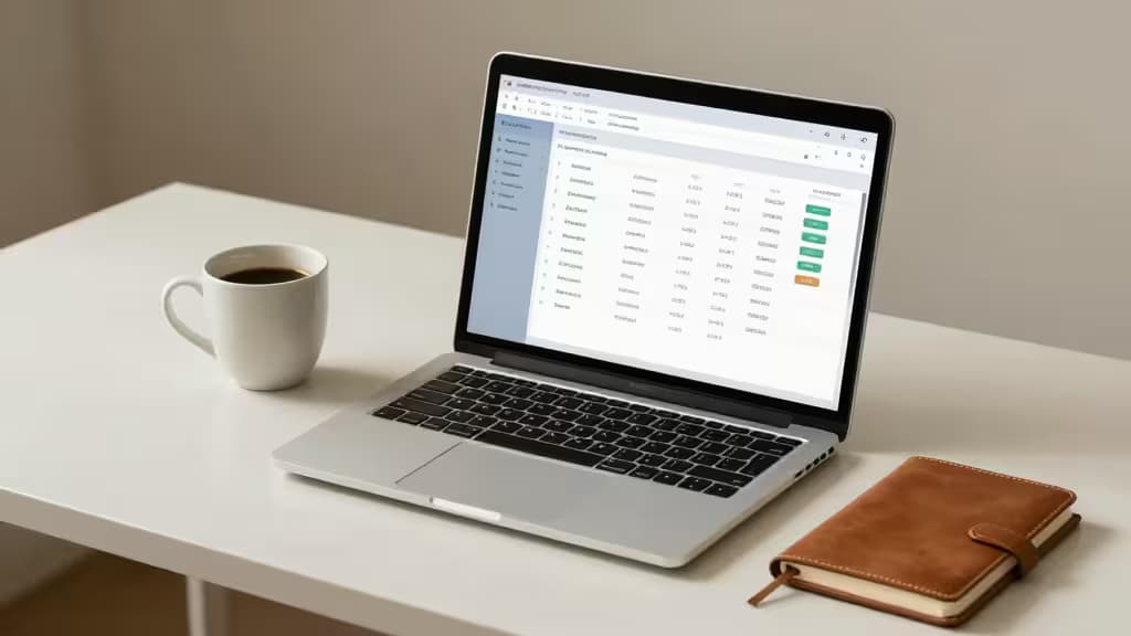 Silver laptop on white desk displays invoicing dashboard beside coffee mug and brown leather notebook.