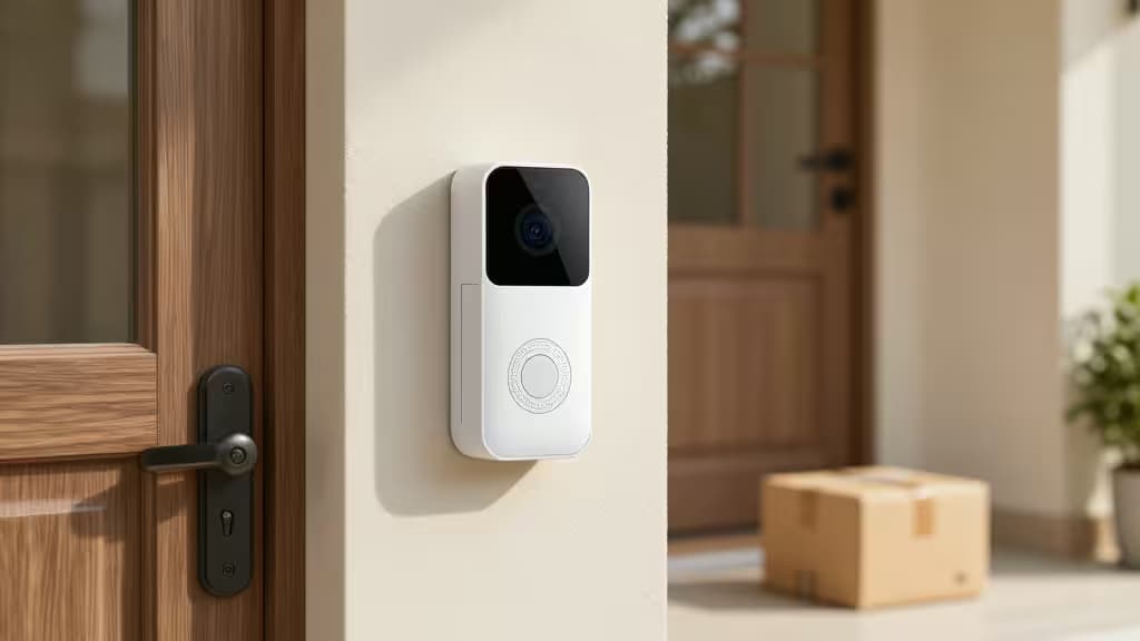 A sleek white smart video doorbell with package detection is mounted on a beige wall beside a wooden door.