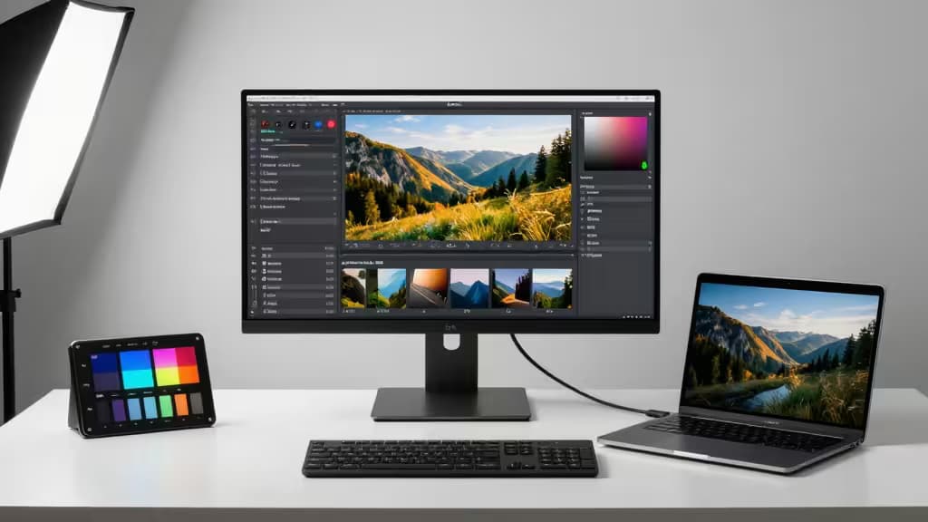 A professional photo editing workstation with a 4K monitor displaying a colorful landscape photograph, connected to a laptop via USB-C, with soft studio lighting.