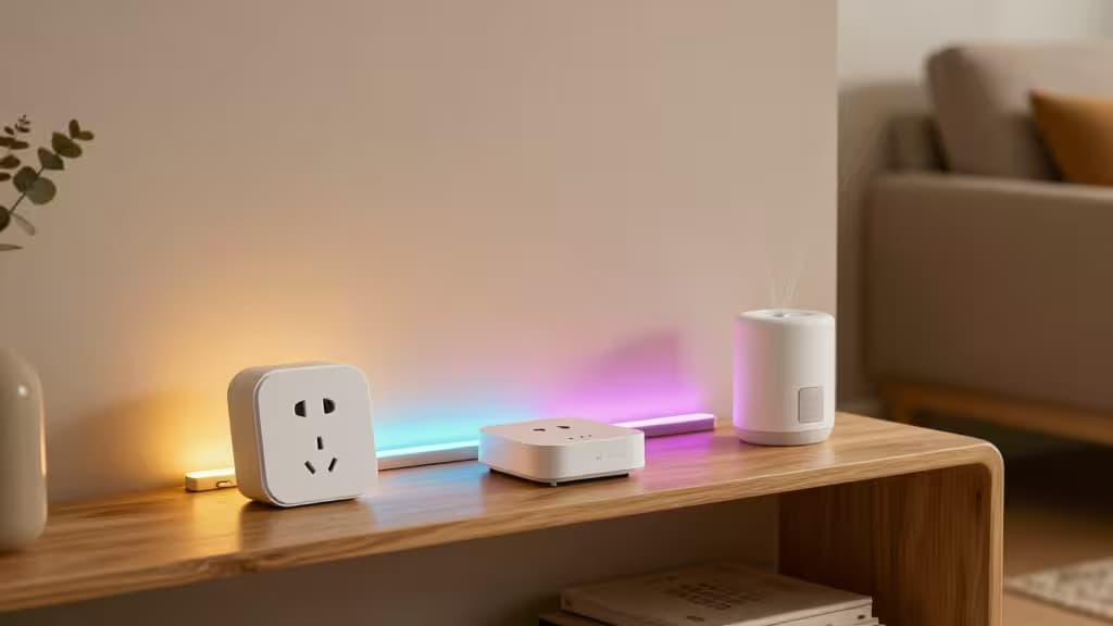 White smart plug, LED strip, hub, and sprinkler controller sit on a wooden shelf in a cozy living room.