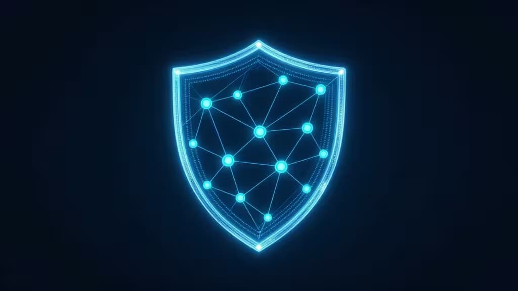 A glowing blue digital shield with interconnected nodes symbolizes secure, affordable VPN protection for budget-conscious users.