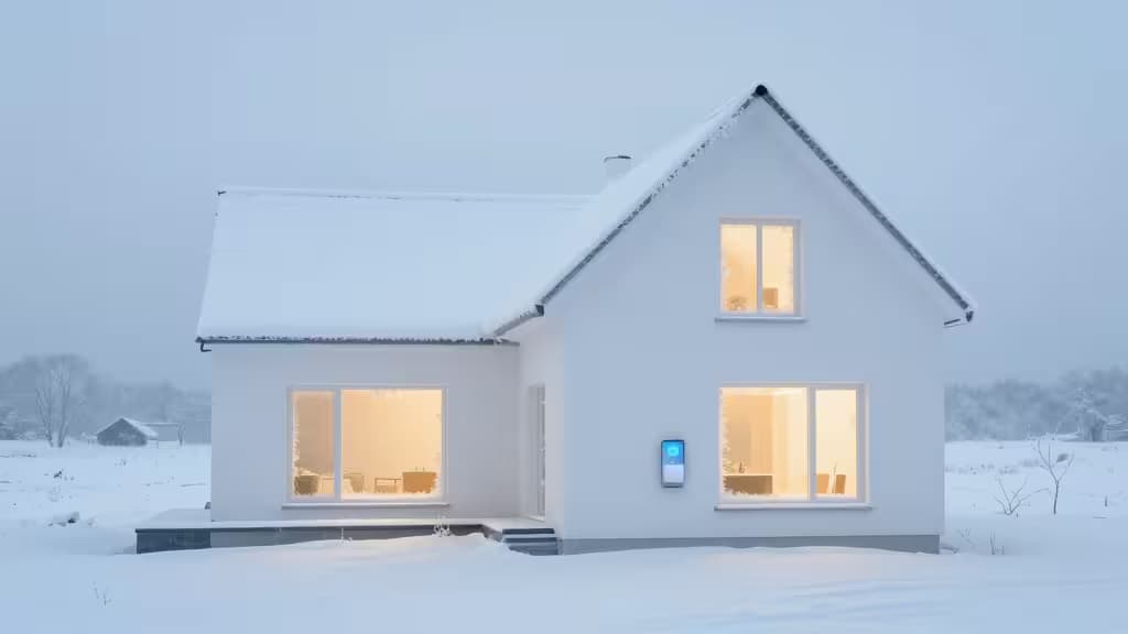 Modern white house with glowing windows stands in snowy landscape, showcasing smart home technology protecting against freezing weather.