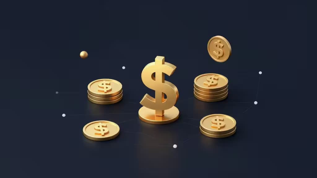 Des symboles du dollar dorés et des pièces flottent au-dessus d'un fond sombre, reliés par de subtiles lignes de réseau, symbolisant la finance numérique et l'intégration blockchain.
