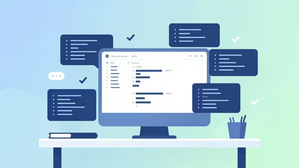 A monitor displays code review metrics, surrounded by floating blue panels with checkmarks, symbolizing AI-assisted validation for small teams.