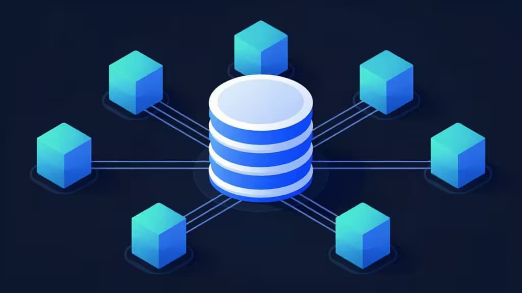 Un cilindro de base de datos central conectado a ocho cubos circundantes mediante líneas, simbolizando los modelos de datos ORM para desarrolladores TypeScript.