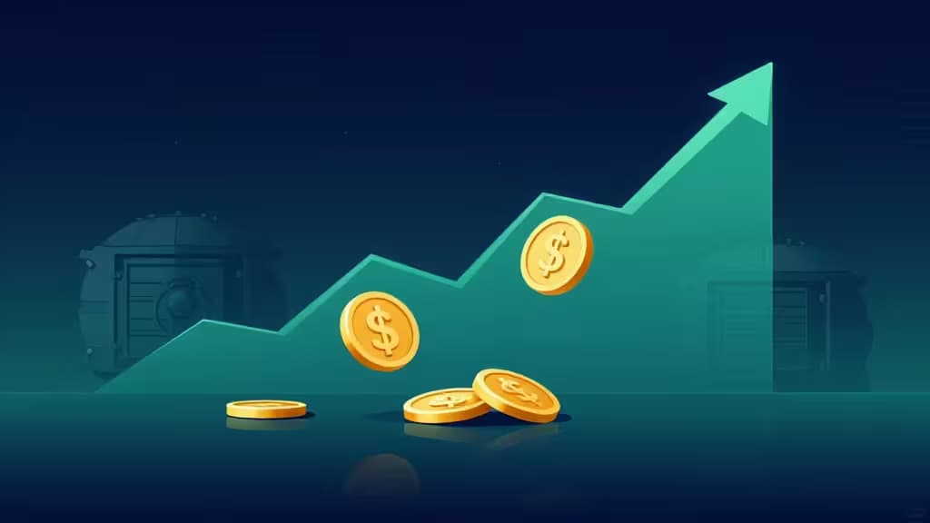 Złote monety spływające wzdłuż rosnącego wykresu strzałki w kolorze morskim, symbolizujące wzrost APY na platformach stablecoin yield w DeFi.