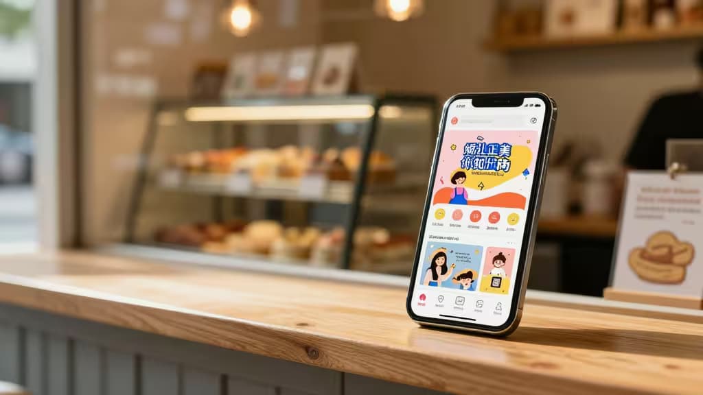 Smartphone affichant une application de boulangerie française sur un comptoir en bois, vitrine à pâtisseries en arrière-plan flou